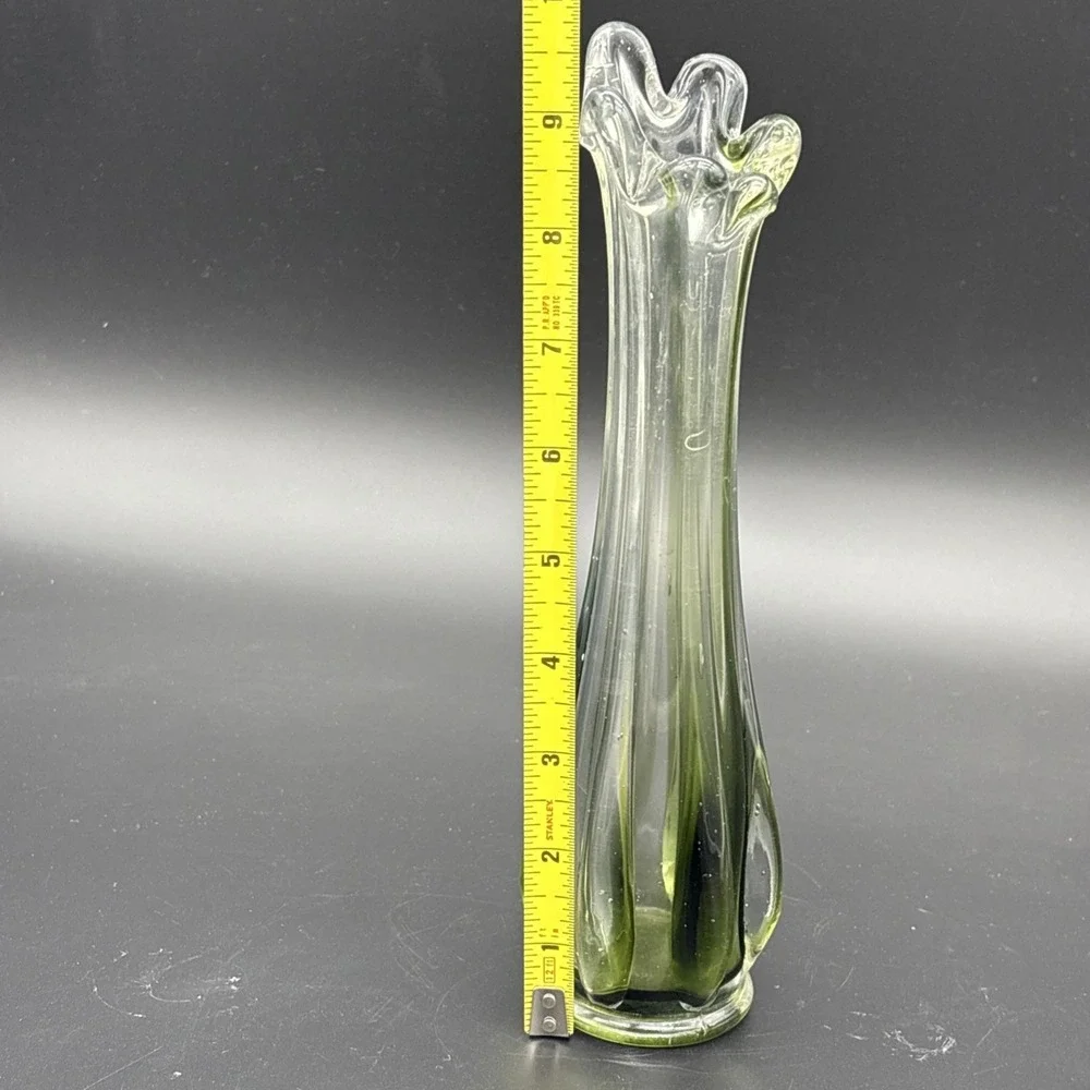 Vintage MCM Green Cased Glass Swung Vase 6 Finger Mid Century Art Glass Bud Vase